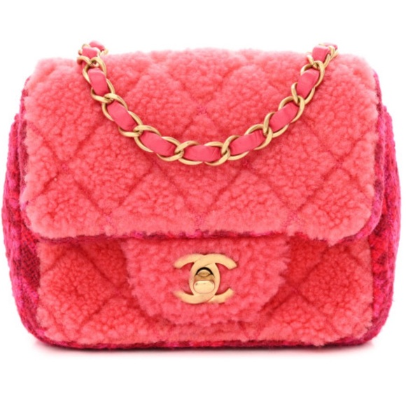 CHANEL π RARE 2 Tone Pink & Peach Faux Fur Shearling Quilted Tweed Matte Gold - Picture 15 of 15